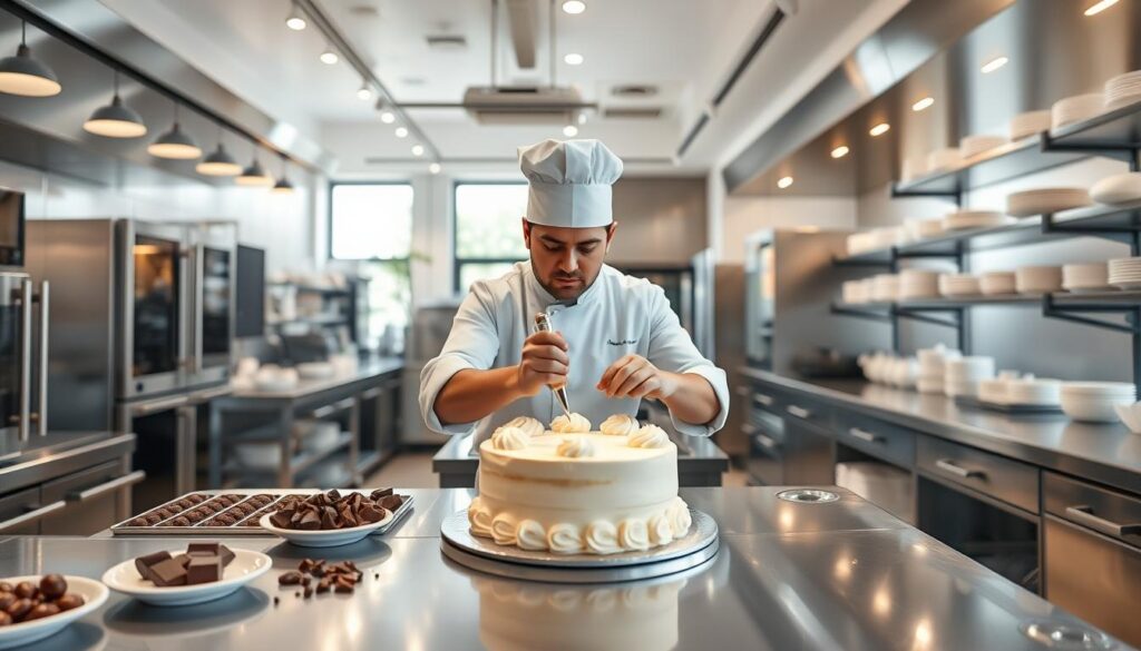 A bright, modern patisserie kitchen filled with gleaming stainless steel appliances and surfaces. In the foreground, a skilled pastry chef expertly piping delicate designs onto a freshly baked cake, their hands moving with precision. The middle ground reveals an array of neatly organized ingredients and tools, from fine chocolates to silky buttercream. Soft, even lighting illuminates the scene, casting a warm glow over the pristine workspace. The background showcases an open plan layout, with large windows allowing natural light to flood the space and reveal the high-ceilinged, airy atmosphere. The overall mood is one of professionalism, focus, and a passion for the craft of pastry making.