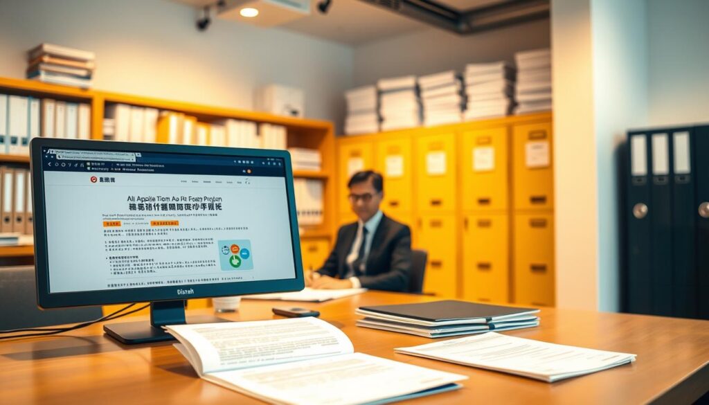 A brightly lit office interior, with a professional-looking desk in the foreground. On the desk, several official-looking documents and a computer monitor displaying a government web page detailing the application process for the "就業促進定着手当" program. In the middle ground, a person in business attire sits at the desk, carefully reviewing the documents. The background features shelves of binders and filing cabinets, conveying an atmosphere of organized paperwork and bureaucratic efficiency. The lighting is warm and inviting, creating a sense of professionalism and competence. The overall scene suggests a methodical, step-by-step approach to navigating the application process for this government employment assistance program.