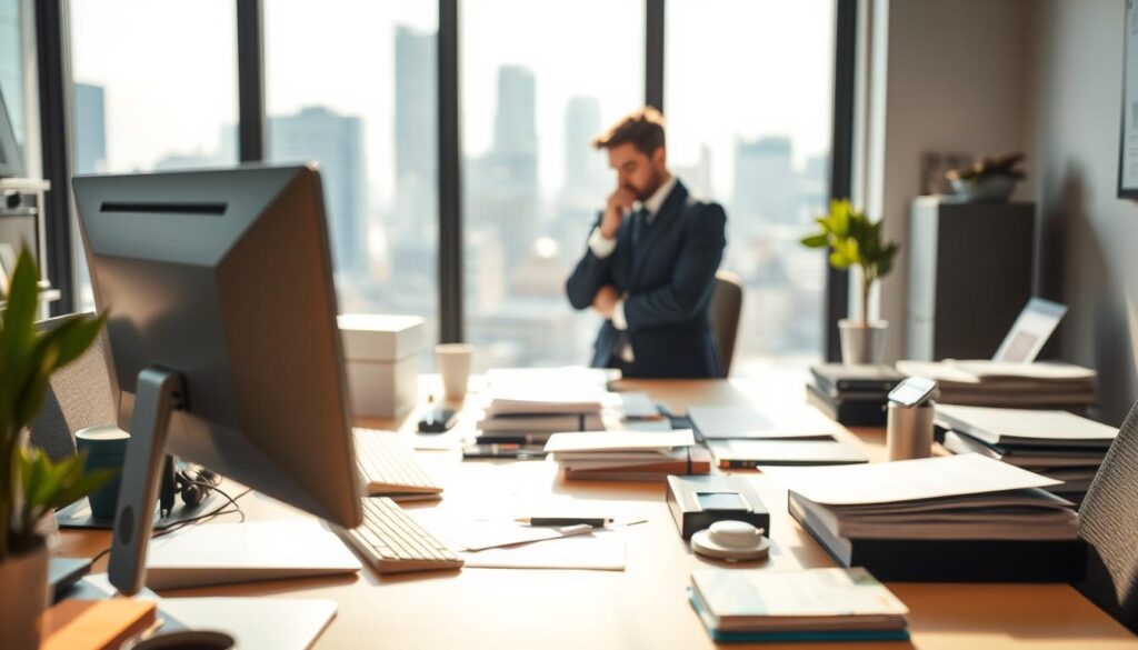 A brightly lit office scene with a desk, computer, and various work materials in the foreground. In the middle ground, a person in business attire, deep in thought, surrounded by a blur of activity. The background depicts a cityscape outside the window, hinting at the hustle and bustle of the workday. The overall atmosphere conveys a sense of diligence, focus, and the dedicated work ethic of a technocrat. Soft, diffused lighting creates a warm, professional ambiance. Shot with a medium-wide angle lens to capture the full breadth of the scene.