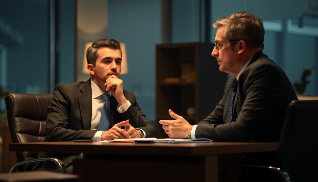 A business person in a suit, seated at a desk, engaged in a thoughtful discussion with their manager. The scene has a serious, professional atmosphere, with soft, warm lighting illuminating the negotiation process. The manager's body language conveys an open, collaborative stance, while the employee appears confident yet respectful. The background is blurred, emphasizing the focus on the two individuals and the sensitive nature of their conversation about the employee's departure timeline.