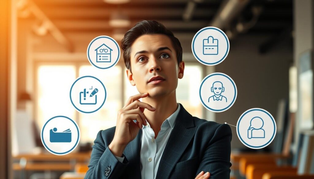 A business professional in a thoughtful pose, surrounded by floating icons representing the essential skills of a career consultant: active listening, empathy, analytical thinking, problem-solving, strategic planning, interpersonal communication, and adaptability. The scene is bathed in warm, natural lighting, creating a sense of expertise and approachability. The composition emphasizes the central figure, with the skills arranged harmoniously around them, conveying the multifaceted nature of the career consultant's role. The overall tone is one of professionalism, knowledge, and the ability to guide individuals towards fulfilling career paths.