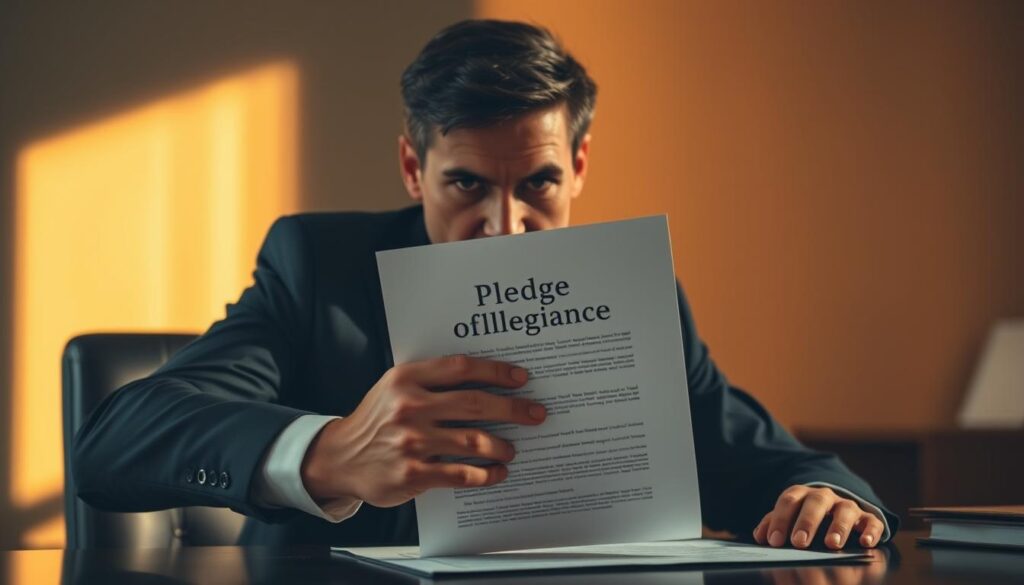 A businessperson in a formal suit, sitting at a desk, firmly rejecting and pushing away a legal document labeled "Pledge of Allegiance" with a determined expression. The scene is illuminated by a warm, directional light from the side, casting shadows and creating a sense of dramatic tension. The background is blurred, suggesting an office setting, with the focus solely on the central figure and their defiant act. The overall mood conveys a sense of conviction and unwavering resolve in the face of a restrictive agreement.