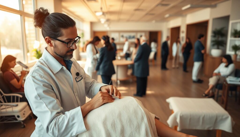 A bustling acupuncture clinic, its serene interior bathed in warm, natural light. In the foreground, an experienced acupuncturist tenderly administers treatment to a patient, their face a portrait of tranquility. Surrounding them, state-of-the-art equipment and soothing decor create an atmosphere of professionalism and healing. In the middle ground, other practitioners consult with clients, discussing personalized treatment plans. The background reveals an expansive reception area, where patients wait patiently, eager to receive the specialized care of this renowned acupuncture practice. The overall scene conveys the skilled, compassionate nature of the acupuncture profession and the variety of settings in which practitioners can find fulfilling employment.