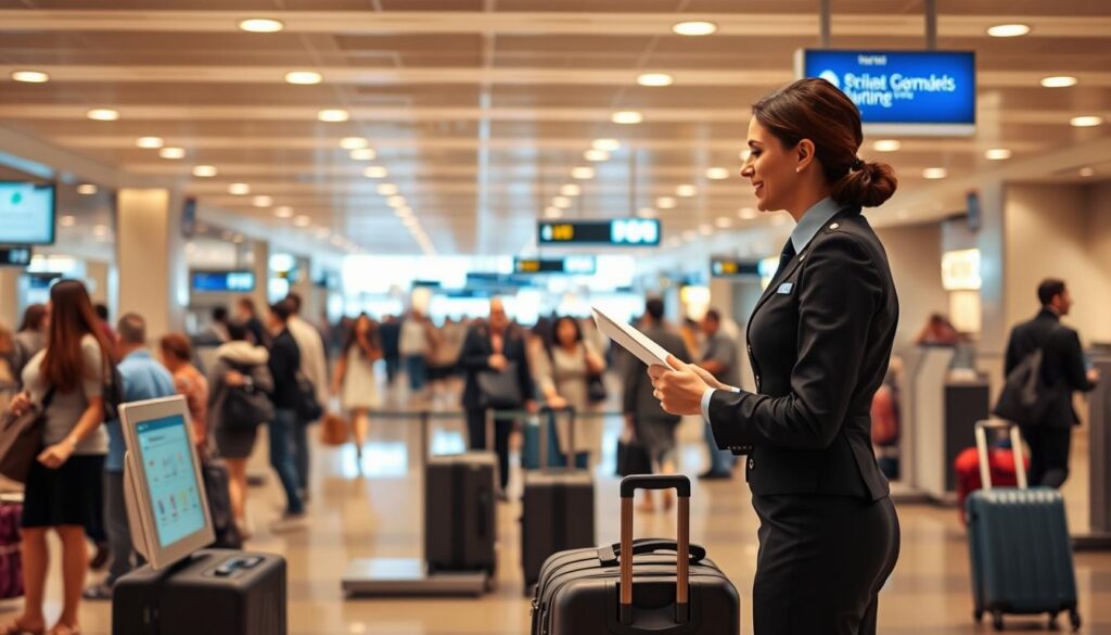 A bustling airport check-in counter, bathed in warm, diffused lighting. In the foreground, a professional ground hostess in a crisp uniform warmly greets a passenger, efficiently processing their documents and luggage. The middle ground showcases a line of travelers patiently waiting their turn, surrounded by sleek, modern check-in kiosks. In the background, the concourse teems with activity - people hurrying to their gates, wheeled suitcases gliding across the polished floors, and the occasional announcement echoing through the cavernous space. The atmosphere is one of organized chaos, where the ground hostess's calm demeanor and attention to detail help ensure a smooth, seamless travel experience for all.