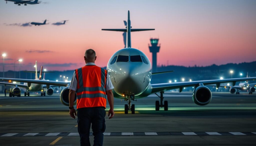 A bustling airport scene with a ground crew member in an orange safety vest guiding an aircraft onto the taxiway. The plane's engines are running, and the tarmac is illuminated by bright runway lights. In the background, other aircraft are taking off or landing, with the control tower silhouetted against a twilight sky. The atmosphere is one of efficient, coordinated activity, capturing the essential role of the marshaller in the smooth operation of the airfield.