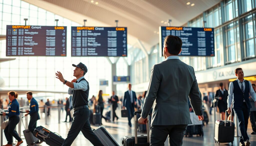 A bustling airport scene, with airport staff members clad in crisp uniforms efficiently navigating the terminal. In the foreground, a ground crew member directs an aircraft with precise hand signals, while in the middle ground, check-in agents assist passengers with their luggage. The background is a panoramic view of the airport, with towering departure boards, sleek architecture, and a vibrant atmosphere filled with the hum of activity. The lighting is a blend of natural daylight streaming through expansive windows and the warm glow of indoor lighting, creating a sense of energy and dynamism. The overall composition conveys the organized chaos and dedication of the airport staff, who work tirelessly behind the scenes to ensure the seamless operation of the airport.