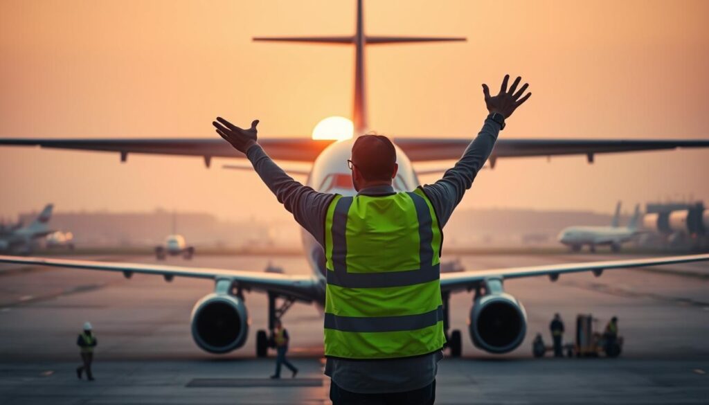 A bustling airport tarmac at dusk, with a commercial airliner in the foreground being guided by a marshaller in a high-visibility vest. The marshaller's gesturing arms are illuminated by the plane's floodlights, creating dramatic shadows. In the middle ground, other aircraft are parked, and ground crew are visible moving about. The background is hazy with the soft glow of the setting sun, casting a warm, golden light across the scene. The overall atmosphere is one of efficiency and precision, reflecting the important role of the marshaller in the smooth operation of the airport.