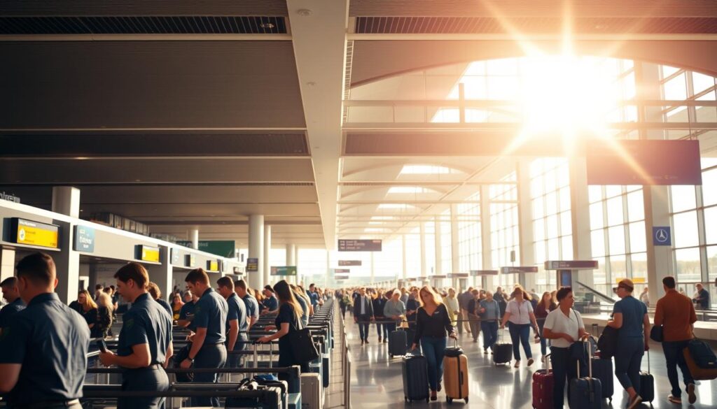 A bustling airport terminal, bathed in warm natural light streaming through floor-to-ceiling windows. In the foreground, a row of check-in counters staffed by attentive ground crew, their uniforms crisp and professional. Passengers queue patiently, luggage in hand, as the staff efficiently process each traveler, checking documents and issuing boarding passes. In the middle ground, a dynamic flow of people navigates the terminal, weaving between security checkpoints and dining areas. The background is a tapestry of architectural elements - sleek, modern design punctuated by dynamic digital signage and wayfinding. An atmosphere of controlled chaos, where the ground crew's expertise and attention to detail ensure a seamless travel experience.