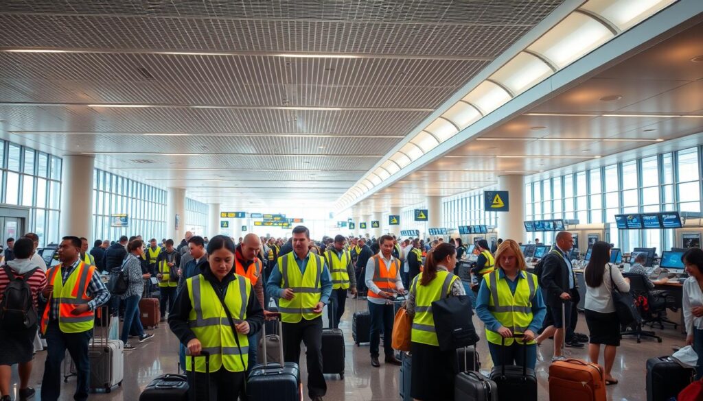A bustling airport terminal, bright and airy, with a dynamic array of airport staff going about their duties. In the foreground, ground crew in high-visibility vests and uniforms assist passengers with their luggage, checking in and guiding them to their gates. In the middle ground, airline agents stand at check-in counters, efficiently processing tickets and boarding passes. Further back, airport operations staff monitor screens and control panels, overseeing the smooth flow of aircraft, passengers, and cargo. Overhead, the lighting is a blend of natural daylight filtering in through large windows and warm, directional lighting fixtures, creating a sense of energy and professionalism. The scene conveys the diverse roles and responsibilities of the airport workforce, working in harmony to deliver a seamless travel experience.