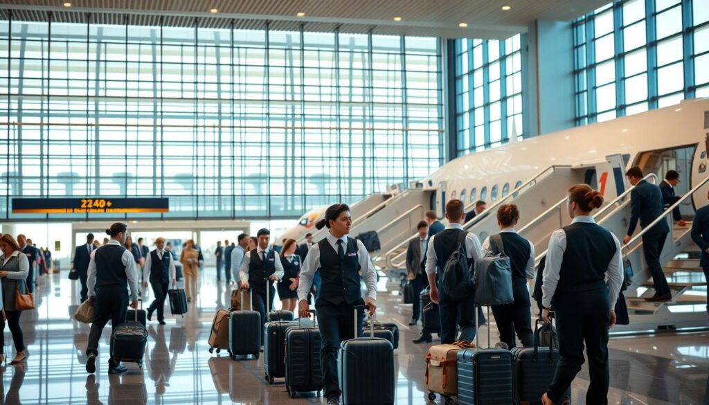 A bustling airport terminal, with a team of professional ground staff diligently tending to the various operations. In the foreground, workers in crisp uniforms efficiently load and unload luggage, while in the middle ground, they assist passengers with boarding and disembarking. The background showcases the grand, glass-paneled architecture of the terminal, bathed in the warm glow of natural light. The scene conveys a sense of organized chaos, with the ground staff seamlessly coordinating the various tasks required to ensure a smooth and efficient airport experience. The overall atmosphere is one of professionalism, teamwork, and the vital role these unsung heroes play in the aviation industry.