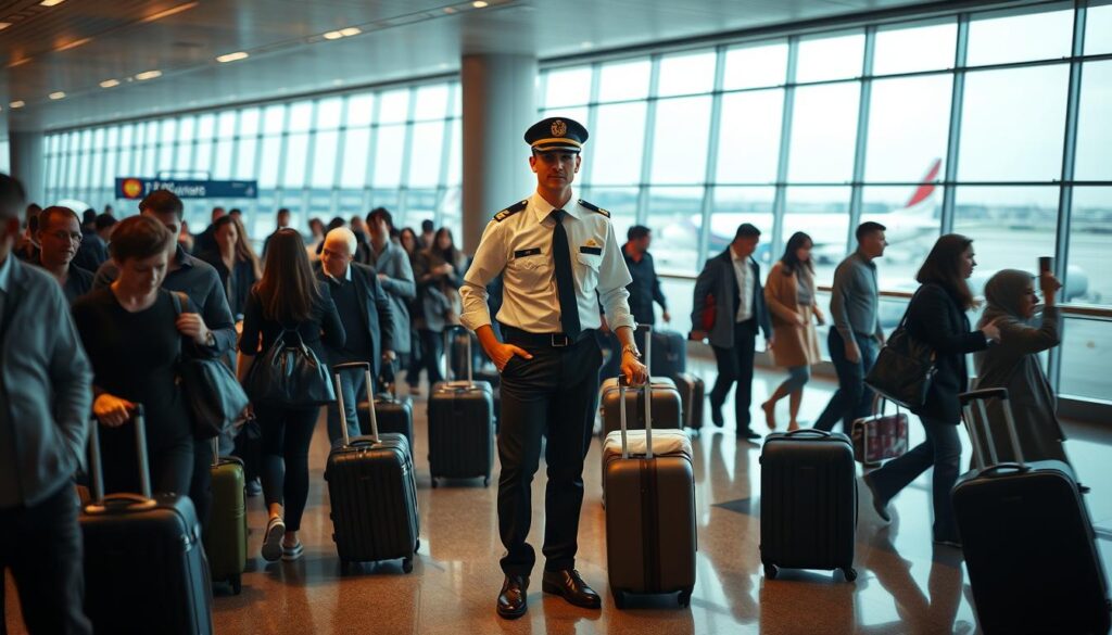 A bustling airport terminal, with a uniformed airline steward standing at the center, surrounded by a flurry of activity. Passengers hurrying to their gates, suitcases in hand, as the steward coordinates their movements with a calm and professional demeanor. Soft, warm lighting illuminates the scene, casting a cozy glow over the bustling environment. The steward's crisp uniform, polished shoes, and attentive posture convey a sense of efficiency and dedication to their duties. In the background, the terminal's glass walls offer a glimpse of the tarmac, where planes are taking off and landing, reinforcing the dynamic nature of the steward's daily routine.