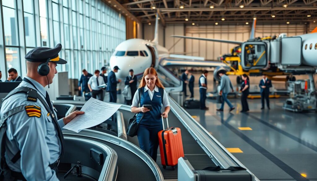 A bustling airport terminal with a wide variety of aviation professionals at work. In the foreground, a pilot in full uniform examines flight plans with a diligent air traffic controller. In the middle ground, a ground crew member loads luggage onto a conveyor belt, while a flight attendant assists passengers boarding a sleek, modern aircraft. In the background, mechanics in overalls perform routine maintenance on the plane's engines under the warm glow of airport lighting. The scene conveys the dynamic, multi-faceted nature of careers in the aviation industry.
