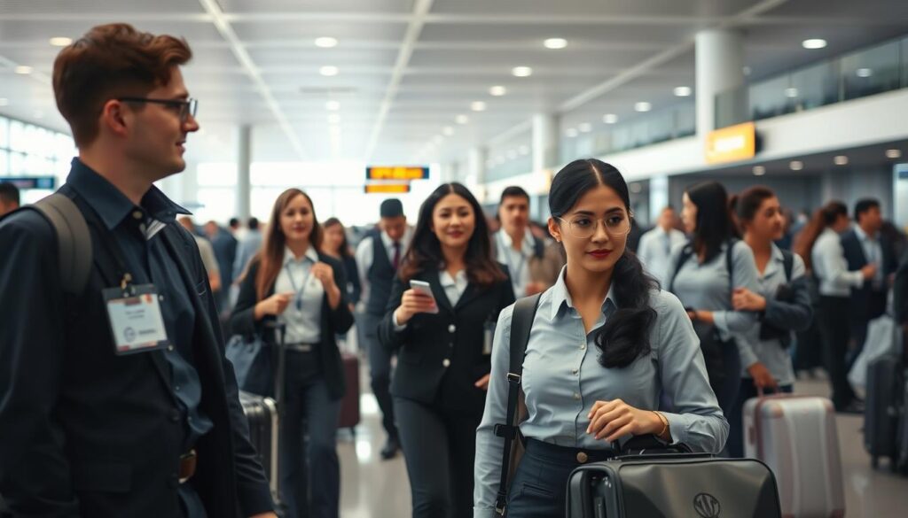 A bustling airport terminal, with ground staff efficiently navigating the chaos. In the foreground, a team of airport attendants in crisp uniforms, their faces focused as they assist passengers with luggage, check-in, and security procedures. The middle ground showcases the diverse skillset required - from customer service and communication to problem-solving and multitasking. In the background, the sleek, modern architecture of the airport frames the scene, creating a professional and high-paced atmosphere. Soft, diffused lighting illuminates the area, highlighting the airport staff's attention to detail and seamless coordination. The image conveys the essential skills of ground staff - adaptability, attention to safety, and a customer-centric approach - integral to the smooth operation of a bustling international airport.