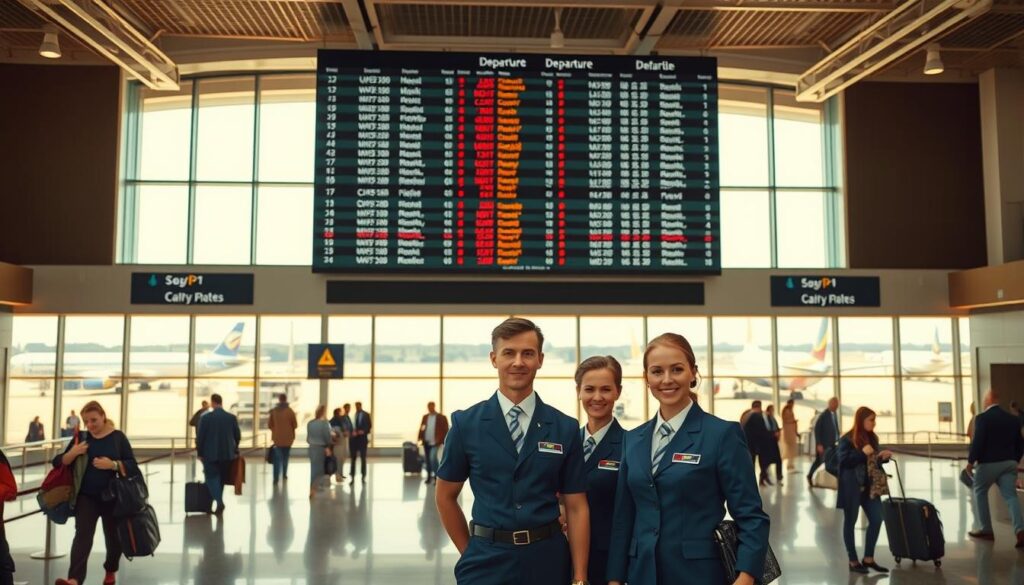 A bustling airport terminal, with travelers hurrying through the grand, well-lit concourse. In the foreground, a group of cabin crew, dressed in their crisp, professional uniforms, stand poised and attentive, ready to assist passengers. Behind them, a towering departure board displays flight information, while large windows offer glimpses of the tarmac, where sleek, modern airliners are preparing for takeoff. The scene exudes a sense of excitement and opportunity, conveying the dynamic nature of the aviation industry and the diverse career paths it offers. Warm, directional lighting casts a warm glow, creating a sense of optimism and possibility.