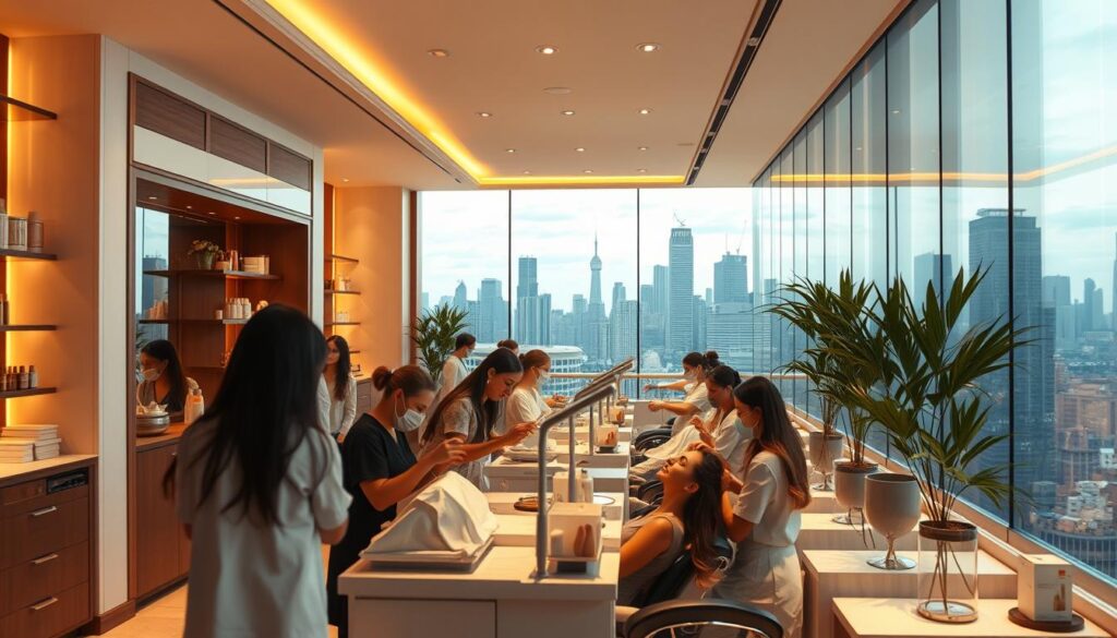 A bustling beauty salon set against a vibrant cityscape, its elegant facade bathed in warm, golden light. In the foreground, a group of skilled estheticians attend to their clients, their practiced hands performing rejuvenating treatments. The salon's interior is designed with a modern, minimalist aesthetic, featuring sleek lines, natural materials, and thoughtful lighting that creates a serene, indulgent atmosphere. In the background, the city skyline stretches out, hinting at the growing demand for high-quality beauty services and the promising future of the industry. The scene conveys a sense of professionalism, innovation, and the ever-evolving nature of the beauty industry.