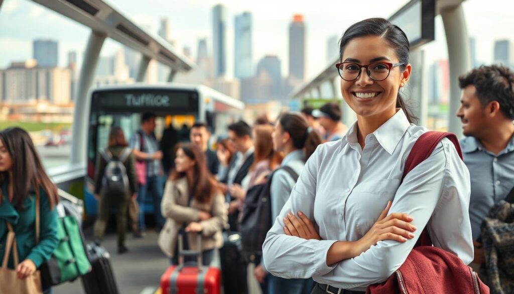 A bustling bus station, with a professional bus guide standing tall and confident, dressed in a crisp uniform. In the foreground, the guide gestures with a warm smile, engaging with passengers and providing clear directions. The middle ground showcases the varied passengers, each with their own luggage and expressions, reflecting the guide's ability to multitask and adapt to diverse needs. In the background, a vibrant cityscape with towering skyscrapers and bustling streets, emphasizing the guide's familiarity with the local area and ability to navigate complex environments. Soft, natural lighting illuminates the scene, conveying a sense of approachability and professionalism. The composition highlights the guide's key skills: communication, problem-solving, local knowledge, and customer service.