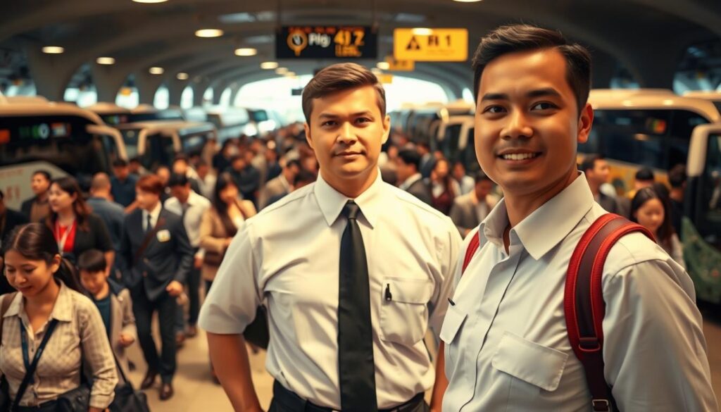 A bustling bus terminal, with a professional bus guide in the foreground dressed in a crisp uniform, standing ready to assist passengers. The guide's posture and demeanor convey authority and expertise. In the middle ground, a diverse crowd of passengers - families, business people, and tourists - moving through the terminal. In the background, rows of parked buses and the hustle and bustle of the transportation hub. Warm, directional lighting illuminates the scene, casting subtle shadows and highlights to accentuate the guide's presence. The overall atmosphere is one of efficiency, organization, and public service.