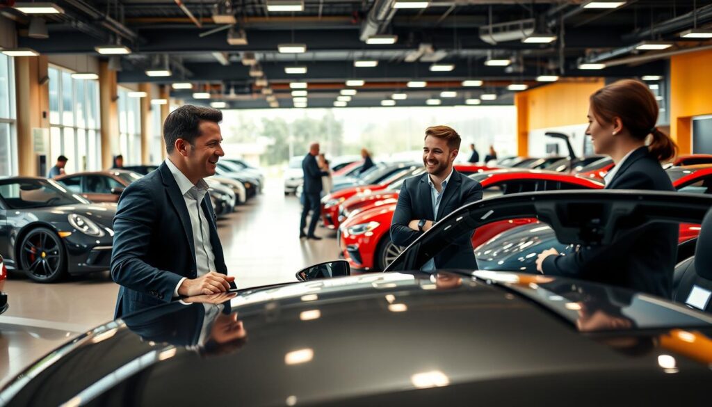 A bustling car dealership showroom, bathed in warm, inviting lighting. In the foreground, a charismatic salesperson enthusiastically demonstrates the features of a sleek, gleaming sports car to a prospective customer, their faces alight with excitement. The middle ground reveals a diverse array of vehicles, each meticulously polished and arranged to tempt the senses. In the background, a team of technicians diligently service and prepare the cars, their dedication and expertise evident in their focused expressions. The atmosphere is one of energy, passion, and the thrill of matching the perfect vehicle to the customer's dreams. This is the world of the car dealer, where the joy of driving meets the art of the sale.