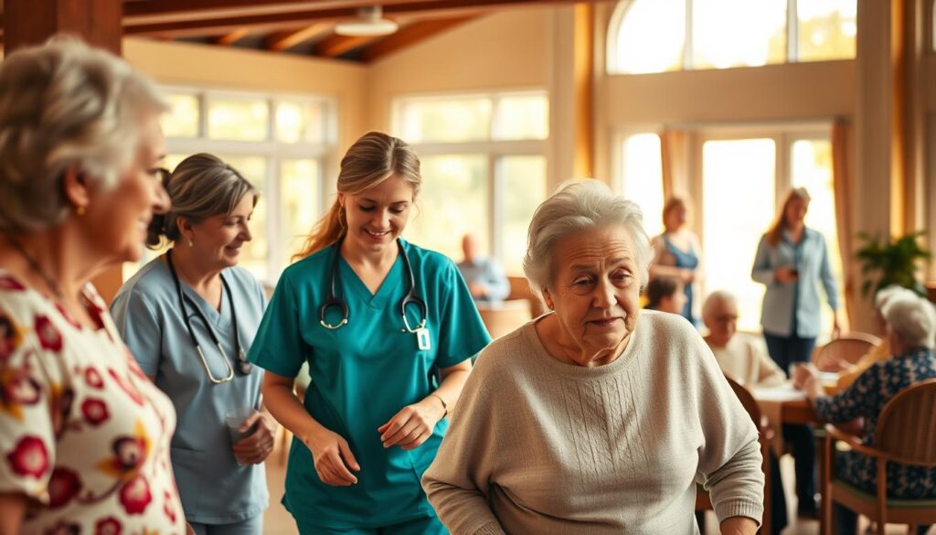 A bustling care facility, bathed in warm, natural light filtering through large windows. In the foreground, a nurse assists an elderly resident with their morning routine, their faces conveying a sense of care and dignity. In the middle ground, aides guide residents to the dining area, their movements purposeful yet gentle. The background reveals a communal lounge, where residents engage in activities overseen by a staff member, fostering a atmosphere of community and well-being. The scene captures the rhythm and attentiveness of a day in the life of a care facility, where compassion and professionalism harmonize to provide holistic support.