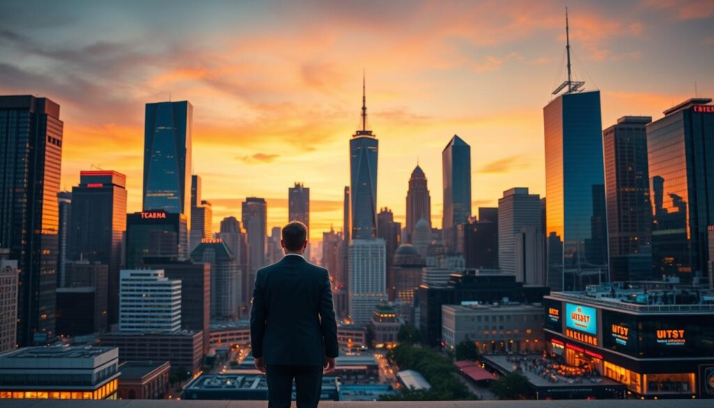 A bustling city skyline at dusk, with skyscrapers and office buildings bathed in a warm, golden glow. In the foreground, a well-dressed professional stands confidently, briefcase in hand, gazing up at the array of career opportunities before them. The middle ground features diverse industries, from sleek tech startups to established corporate headquarters, each represented by a distinctive architectural style. In the background, a vibrant nightlife scene with lively restaurants, cafes, and cultural attractions suggests the variety of lifestyle options available to those seeking a new professional path. Crisp, high-resolution imagery captures the dynamism and promise of the "おすすめの転職先" - the ideal next step for a seasoned public servant.