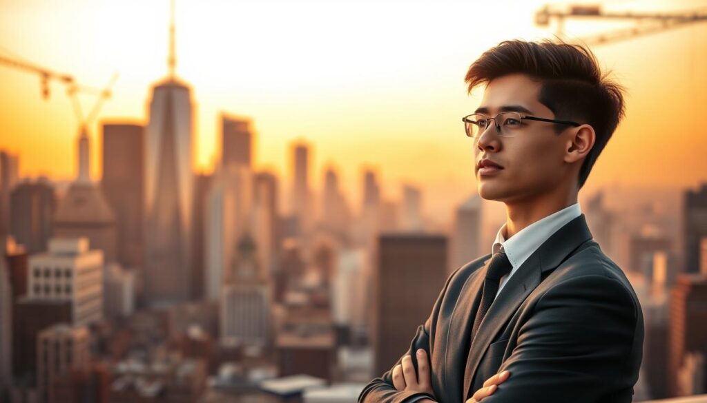 A bustling city skyline at dusk, with the silhouettes of skyscrapers and cranes against a warm, golden sky. In the foreground, a young professional, dressed in a crisp suit, stands confidently, gazing out over the cityscape. Their expression is one of determination and optimism, conveying the sense of a successful career transition. The lighting is dramatic, casting long shadows and highlighting the subject's focused determination. The overall scene suggests the challenges and rewards of transitioning to a new career path, even without prior experience.