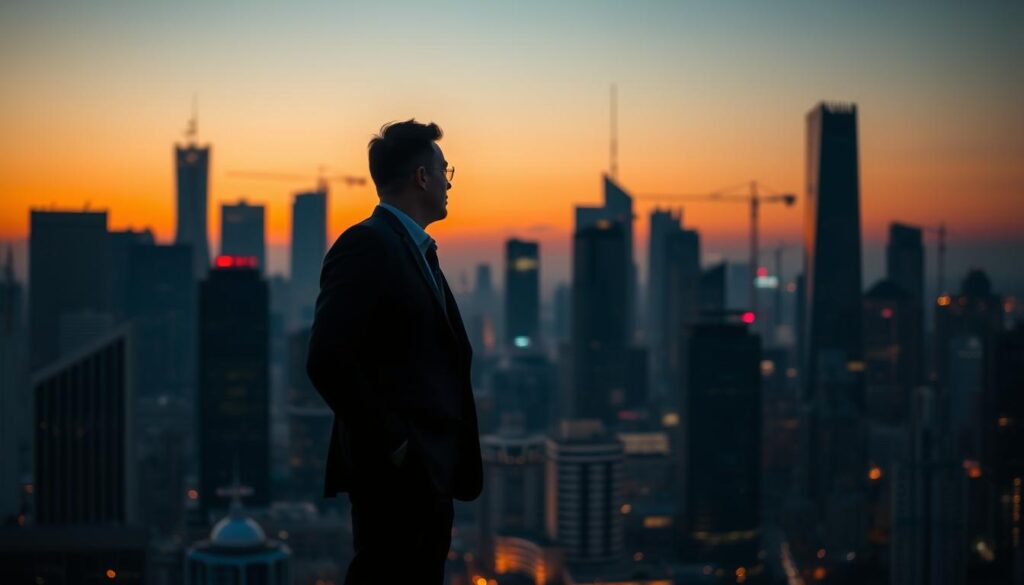 A bustling city skyline at dusk, with the silhouettes of towering skyscrapers and construction cranes against an amber-hued sky. In the foreground, a figure in a dark suit stands contemplatively, their hands in their pockets, as if deep in thought about their next career move. The scene has a palpable sense of transition and uncertainty, evoking the challenges of navigating a career change from the self-defense forces to the civilian workforce. Soft, warm lighting illuminates the scene, creating an introspective, almost melancholic mood. The composition is balanced, with the figure in the foreground providing a focal point and the cityscape in the background suggesting the broader context and opportunities beyond.