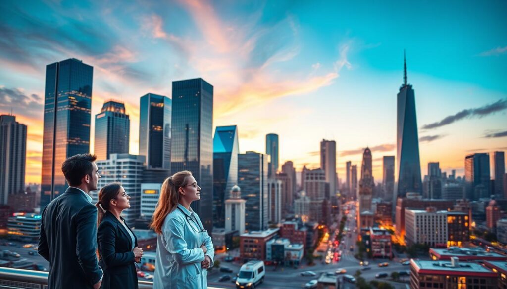 A bustling city skyline at dusk, with towering skyscrapers and bustling streets. In the foreground, a group of professionals dressed in business attire, representing various career paths - a doctor, an engineer, a software developer, and an accountant. They are engaged in a thoughtful discussion, considering their employment options and work-life balance. The middle ground features a diverse array of workplaces, from a sleek corporate office to a cozy startup, each with its own unique atmosphere. The background is bathed in a warm, golden light, evoking a sense of optimism and opportunity. The scene captures the diverse and dynamic choices available to modern professionals as they navigate their career journeys.
