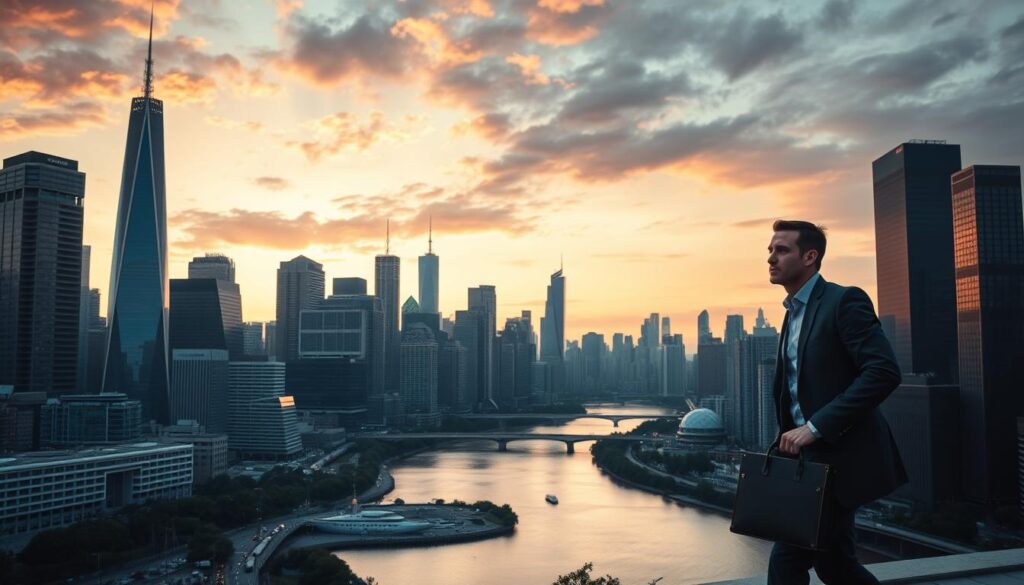 A bustling city skyline at dusk, with towering skyscrapers casting long shadows across a winding river. In the foreground, a professional walking purposefully, briefcase in hand, a thoughtful expression on their face as they navigate the next steps in their career transition. The mid-ground showcases a diverse array of industries and opportunities, represented by various architectural styles and silhouettes. The background is infused with a warm, golden glow, hinting at the allure and potential of this new chapter. Dramatic lighting from above casts dramatic shadows, evoking a sense of contemplation and the weight of this decision. The overall atmosphere is one of possibility, challenge, and a hint of trepidation as the subject embarks on their post-transition career path.