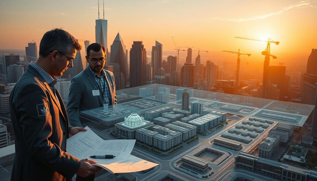 A bustling city skyline at golden hour, with a city planner consulting on a large-scale urban development project. In the foreground, an architect reviews detailed blueprints and drawings with a team of urban planners, all wearing professional attire. The middle ground features a scale model of the proposed development, surrounded by holographic projections outlining the zoning, infrastructure, and community amenities. In the background, cranes and construction equipment dot the horizon, signifying ongoing progress. The lighting is warm and inviting, casting a soft glow over the scene and conveying a sense of optimism and forward momentum in the city planning process.