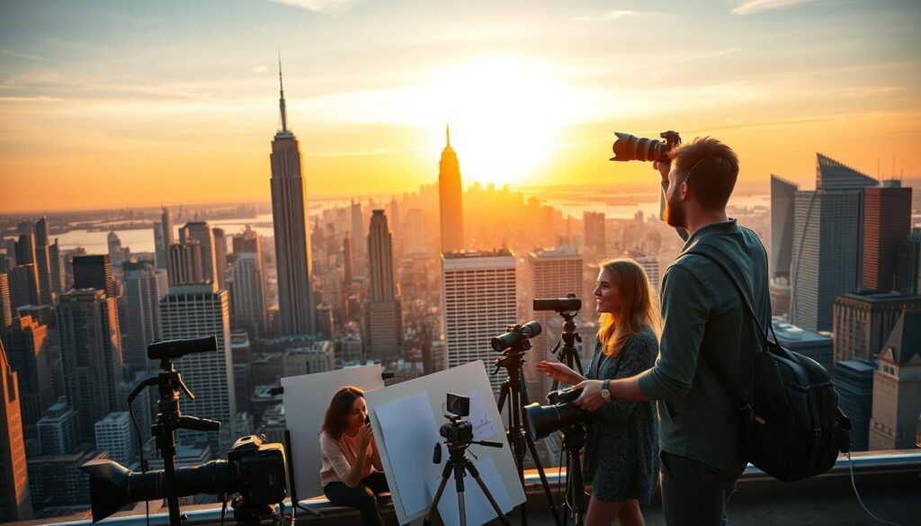 A bustling city skyline at golden hour, with a striking silhouette of a photographer perched atop a high-rise, framing the perfect shot through a large telephoto lens. In the foreground, a team of young, dynamic creative professionals collaborate on their latest photoshoot, their energy and enthusiasm radiating through the frame. The middle ground features a diverse array of digital and analog cameras, lighting equipment, and mood boards, hinting at the technical mastery and artistic vision required of a successful photo director. The background paints a picture of limitless growth and opportunity, with skyscrapers reaching toward the vibrant, sunset-painted sky, symbolizing the boundless potential of this dynamic career path.