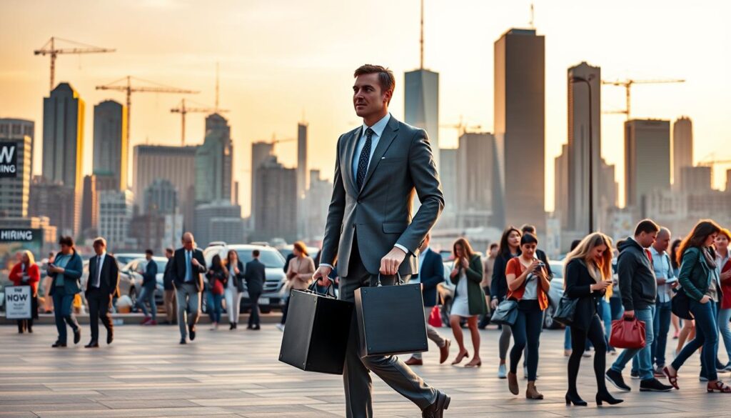 A bustling city skyline at golden hour, with towering skyscrapers and cranes dotting the horizon. In the foreground, a professional-looking 35-year-old man in a crisp suit strides purposefully, briefcase in hand, conveying a sense of confidence and ambition. The middle ground features a diverse array of job seekers, some engaged in lively conversations, others scrolling through their phones, all against the backdrop of a thriving job market. The lighting casts a warm, inviting glow, suggesting a climate of opportunity and growth. Subtle details, such as "Now Hiring" signs and job fair banners, reinforce the theme of a robust, dynamic job market catering to high-earning professionals.