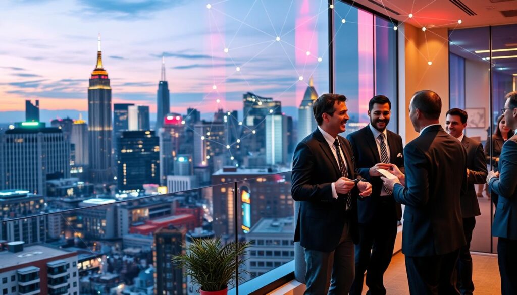 A bustling city skyline at twilight, neon signs and office towers illuminating the night. In the foreground, a group of professionals in sharp suits engaged in animated conversation, gesturing enthusiastically as they exchange business cards and make connections. The middle ground features a modern coworking space, with sleek furniture and large windows overlooking the cityscape. In the background, a web of interconnected lines and nodes, representing the digital network that enables these in-person interactions. The scene conveys a sense of opportunity, collaboration, and the power of building professional relationships in the 30s job market.
