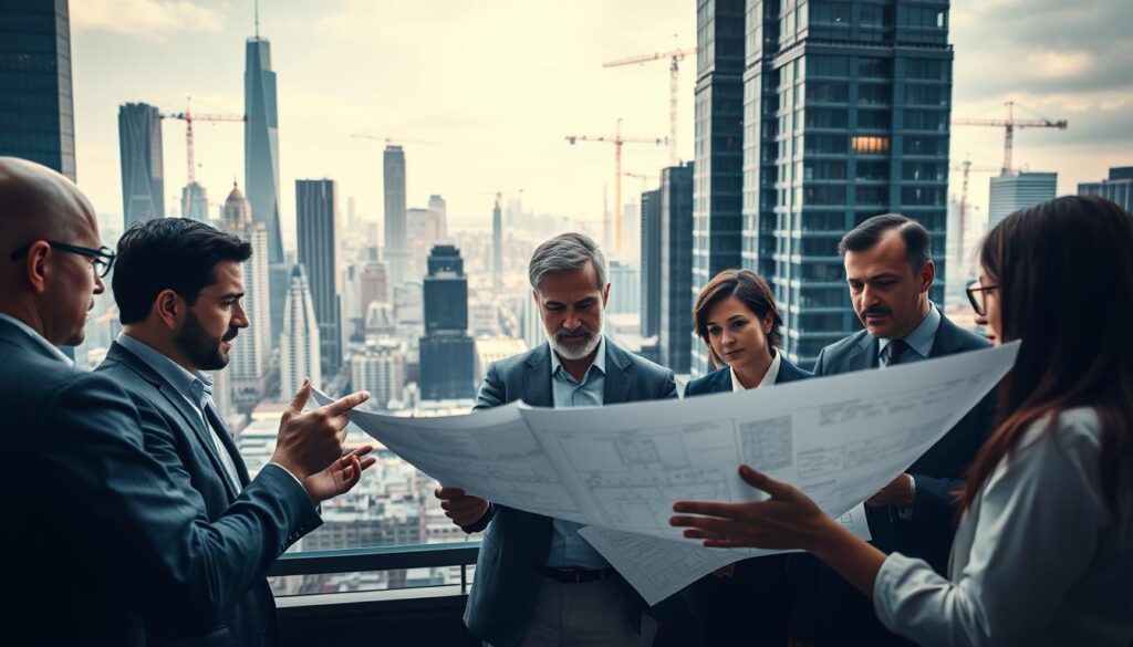 A bustling city skyline, framed by towering skyscrapers and cranes dotting the horizon. In the foreground, a team of urban planners pore over blueprints and 3D models, their faces illuminated by the warm glow of computer screens. The scene is captured through a wide-angle lens, emphasizing the scale and complexity of their work. Soft, diffused lighting casts subtle shadows, creating a sense of depth and momentum. The planners, dressed in professional attire, gesture animatedly as they discuss zoning regulations, infrastructure plans, and community impact assessments. The atmosphere is one of focused collaboration, where creativity and analytical rigor converge to shape the future of the city.