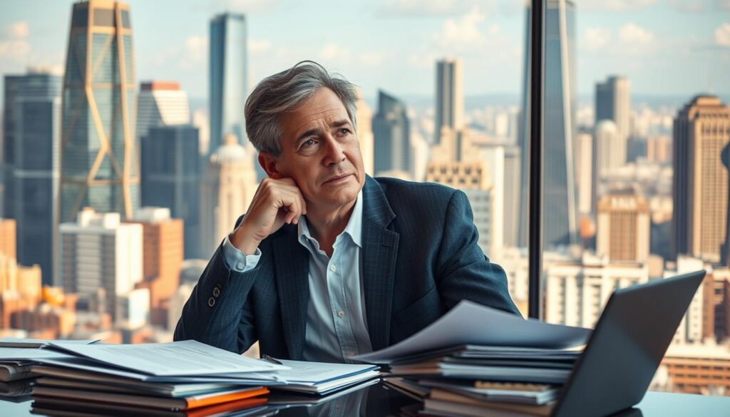 A bustling city skyline in the background, with towering skyscrapers and a vibrant urban landscape. In the foreground, a middle-aged social worker sits at a desk, papers and files neatly organized, a thoughtful expression on their face as they consider the financial realities of their profession. The lighting is warm and inviting, creating a sense of professionalism and dedication. The angle is slightly elevated, giving the viewer a sense of the social worker's important role in the community. The overall mood is one of hard work, compassion, and the quiet determination to make a positive impact.