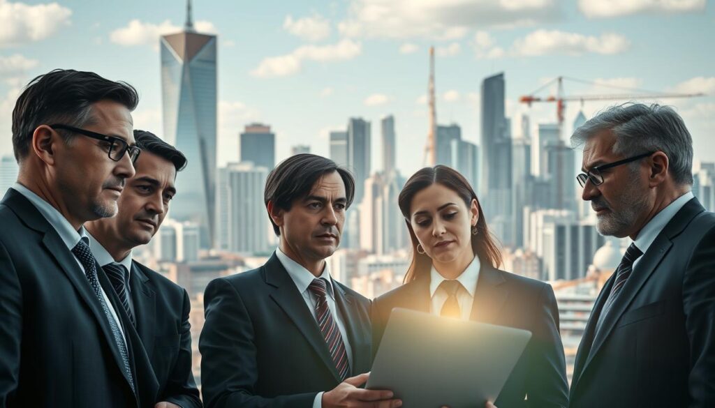 A bustling city skyline with towering skyscrapers and cranes dotting the horizon, symbolizing the rapid technological advancements. In the foreground, a group of business professionals in suits and ties, deep in discussion, their expressions conveying determination and strategic planning. The lighting is crisp and focused, creating a sense of urgency and importance. The atmosphere is one of progress and innovation, as the team navigates the challenges of staying ahead of the technological curve. The overall composition suggests a carefully crafted response to the ever-evolving technological landscape, captured through a cinematic, documentary-style lens.