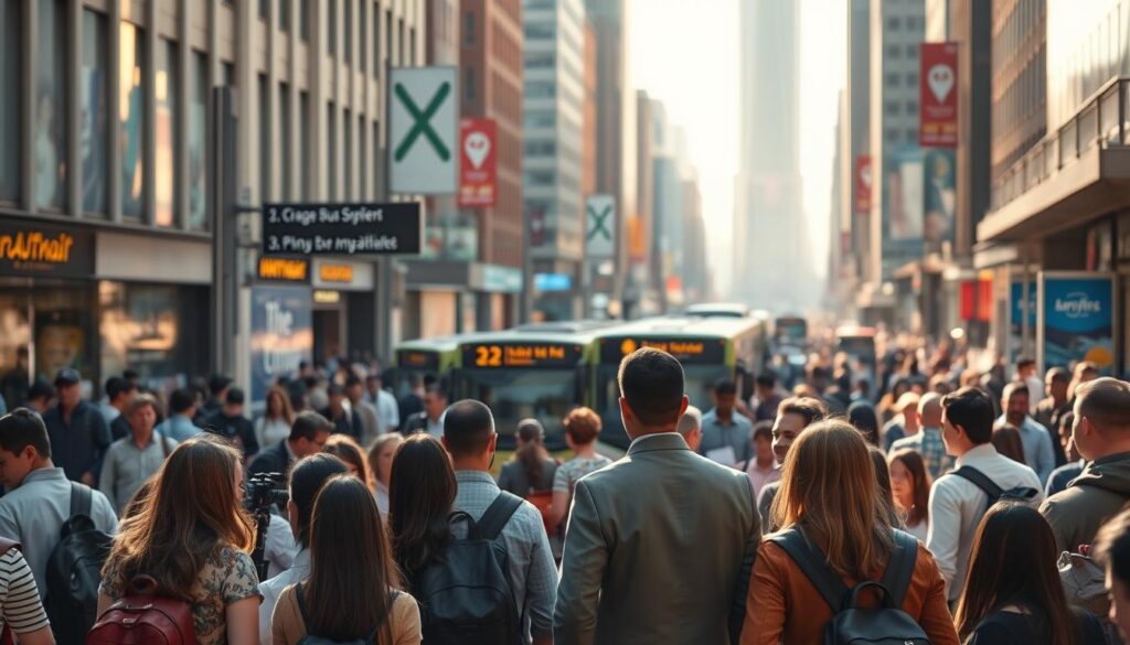 A bustling city street, with a large, modern bus station in the center. In the foreground, a group of people are gathered, some holding resumes and talking to a recruiter dressed in a smart uniform. The background is filled with the hustle and bustle of commuters, with buildings and advertisements visible in the distance. The lighting is warm and inviting, creating a sense of opportunity and potential. The scene conveys the dynamic nature of the bus guide profession, with a focus on the hiring process and the diverse range of applicants drawn to this career path.