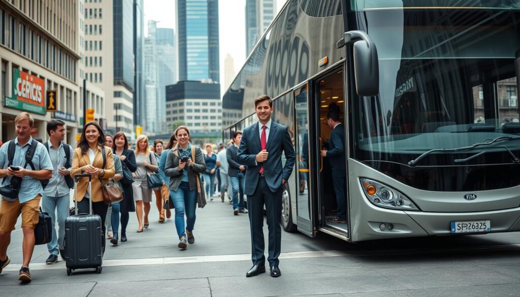 A bustling city street with a large tour bus in the foreground. A professional bus guide stands at the front entrance, warmly greeting passengers as they board. The guide's uniform is crisp and well-pressed, their demeanor is attentive and helpful. Passengers of diverse ages and backgrounds carry luggage and cameras, eager to embark on a sightseeing tour. The bus's sleek exterior reflects the urban landscape, with skyscrapers and pedestrians visible in the background. Soft, diffused lighting illuminates the scene, creating a welcoming and efficient atmosphere. The composition emphasizes the guide's central role in facilitating a pleasant and informative tour experience.