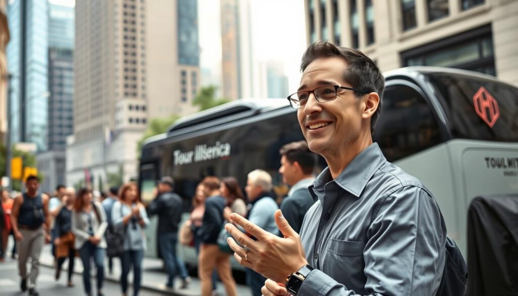A bustling city street, with a tour bus parked on the curb. In the foreground, a tour guide in a crisp uniform stands attentively, gesturing and speaking to a group of tourists. The guide's expression is warm and engaging, conveying a sense of professionalism and expertise. The tourists, a diverse mix of ages and backgrounds, listen intently, their faces alight with curiosity. The middle ground features the tour bus, its sides emblazoned with the company's logo, a sleek and modern design. In the background, towering skyscrapers and bustling pedestrians create a dynamic urban setting, hinting at the tour guide's role in navigating the complexities of the city. Soft, directional lighting illuminates the scene, casting subtle shadows and highlighting the guide's confident demeanor. The overall composition suggests the unique employment status of the tour conductor, balancing their role as a public-facing representative and a skilled professional.