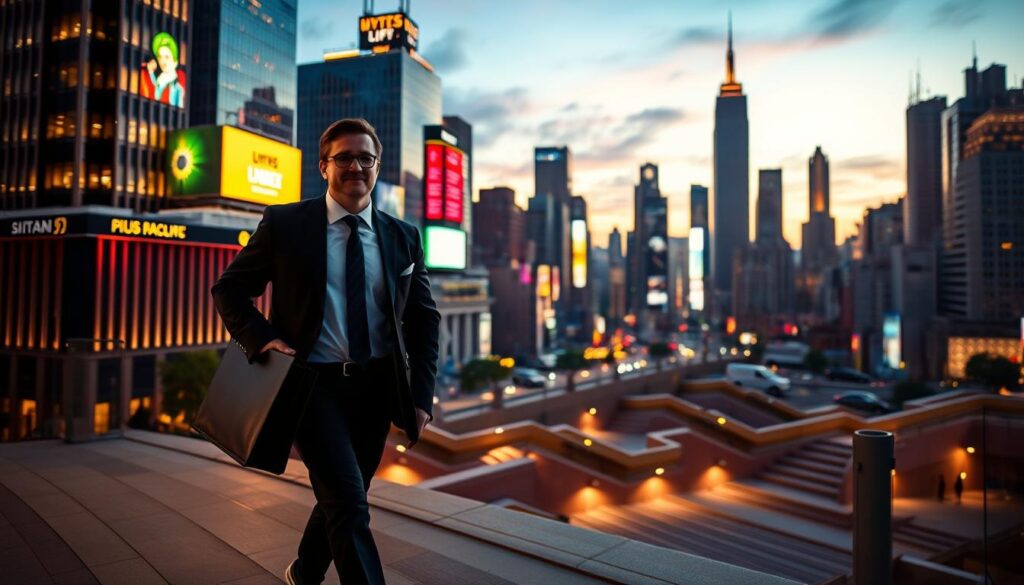 A bustling cityscape at dusk, with skyscrapers and neon-lit billboards illuminating the urban landscape. In the foreground, a determined business executive strides purposefully, briefcase in hand, radiating an aura of confidence and strategic focus. The lighting casts dramatic shadows, emphasizing the executive's determined expression and strong silhouette. In the middle ground, a series of winding pathways and stairways symbolize the challenges and obstacles to overcome on the path to success. The background features a vibrant, kaleidoscopic array of bright colors, conveying a sense of energy, dynamism, and the endless possibilities for growth and achievement. The overall scene evokes a mood of ambition, resilience, and the strategic vision required to navigate the complexities of the corporate world and achieve professional triumph.
