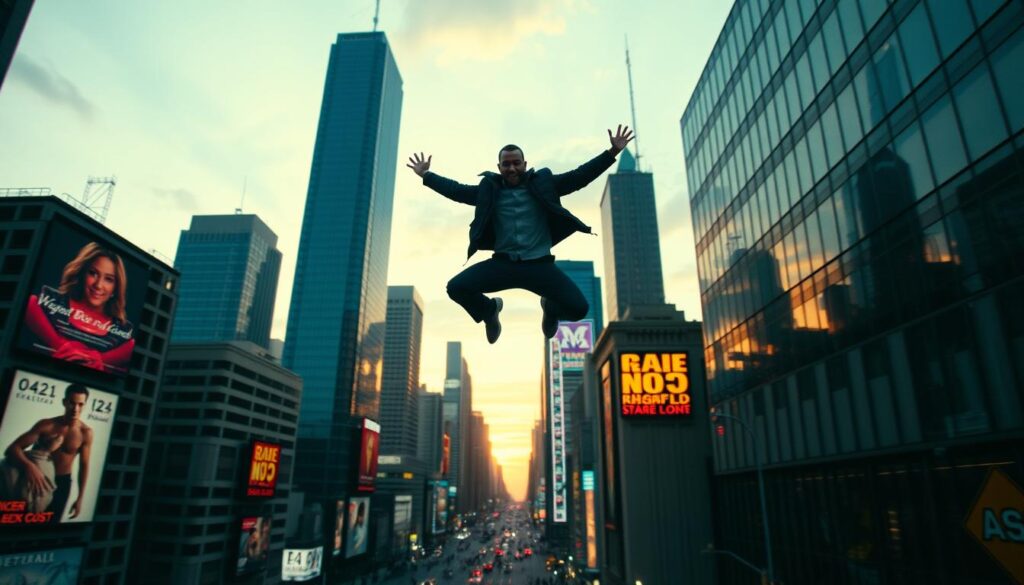 A bustling cityscape at dusk, with towering skyscrapers and neon-lit billboards. In the foreground, a stunt performer gracefully leaps between buildings, defying gravity. Their agile movements are captured in a cinematic wide-angle shot, emphasizing the thrilling potential of this profession. The background is filled with the glow of the setting sun, casting warm hues across the scene and suggesting a future filled with excitement and opportunity for skilled stunt performers. The image conveys the dynamic and in-demand nature of this specialized field, where daring stunts and technical expertise are the keys to a successful career.