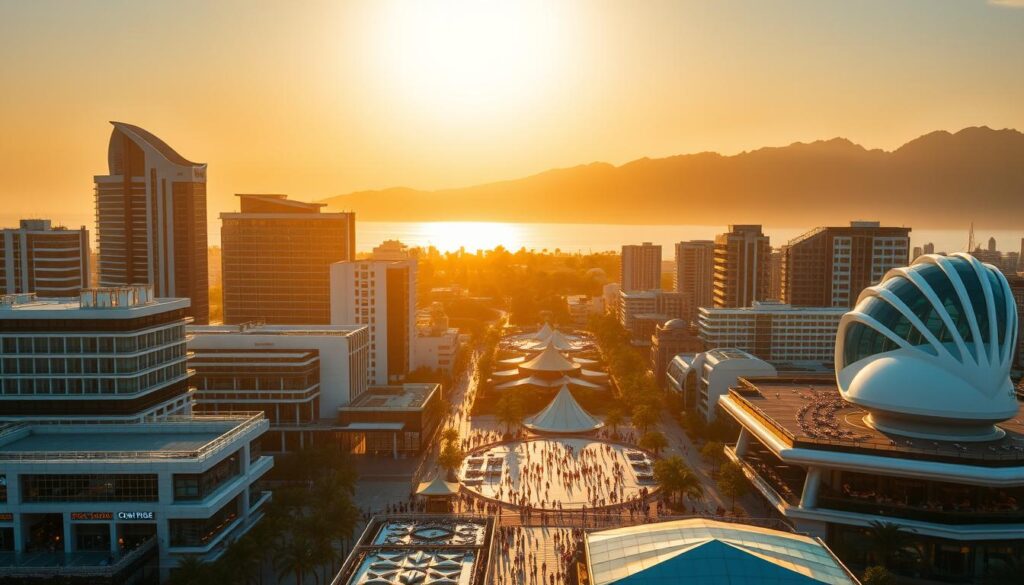 A bustling cityscape bathed in warm golden light, showcasing the vibrant growth and evolution of the tourism industry. In the foreground, modern hotels, resorts, and entertainment complexes rise up, their sleek facades and innovative architectural designs reflecting the industry's dynamic transformation. The middle ground features a lively hub of activity, with tourists exploring local attractions, dining at trendy restaurants, and engaging in immersive cultural experiences. In the background, a majestic natural landscape - perhaps a scenic coastline or a towering mountain range - serves as a breathtaking backdrop, highlighting the industry's ability to seamlessly integrate with the local environment. The overall atmosphere conveys a sense of energy, prosperity, and endless possibilities within the tourism sector.
