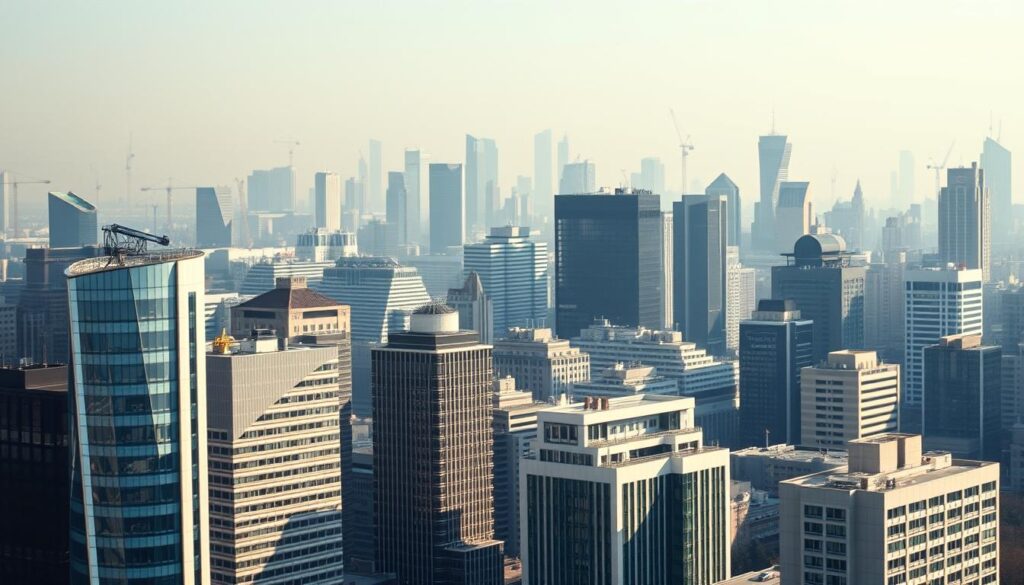 A bustling cityscape in soft, diffused light, showcasing the headquarters of several prominent companies in the architecture and design industry. The foreground features sleek, modern office buildings with clean lines and innovative architectural details. In the middle ground, a mix of high-rise towers and mid-sized structures, each with a distinct style that reflects the diverse nature of the industry. The background is a hazy skyline, with the silhouettes of skyscrapers and cranes hinting at the ongoing development and growth within the sector. The overall atmosphere conveys a sense of progress, innovation, and the dynamic nature of the architecture and design field.