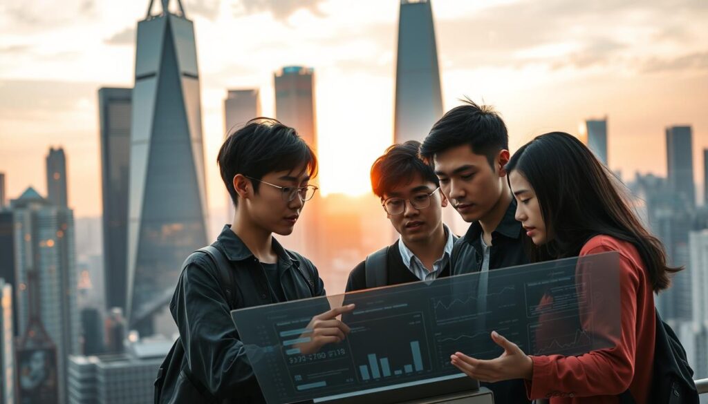 A bustling cityscape set against a backdrop of towering skyscrapers, illuminated by the warm glow of the setting sun. In the foreground, a group of young, Japan-inspired individuals, their features refined and expressive, gather around a sleek, futuristic-looking data console. They're immersed in deep discussion, their body language animated as they analyze intricate charts and graphs. The atmosphere is one of innovation, collaboration, and a sense of shaping the future. Subtle lighting highlights the determination and focus on their faces, conveying the weight and importance of the work they're undertaking. An air of optimism and progress permeates the scene, reflecting the evolution of the actuarial profession in the age of AI and data.