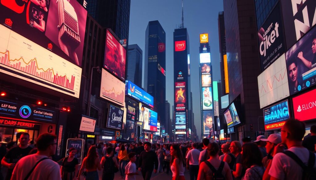 A bustling cityscape unfolds, showcasing the dynamic landscape of the music industry. In the foreground, a vibrant street performance captivates onlookers, hinting at the rich tapestry of talent. The middle ground reveals a series of charts, graphs, and data visualizations, illuminating the market trends and analysis. In the background, towering skyscrapers and a kaleidoscope of neon lights suggest the scale and complexity of the industry. The scene is bathed in a warm, ambient lighting, creating an atmosphere of energy and opportunity. Angles and perspectives are carefully composed to convey a sense of depth and immersion, inviting the viewer to delve into the intricate workings of the music market.