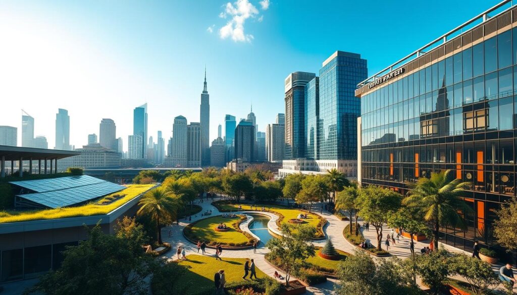 A bustling cityscape with a focus on environmental design workplaces. In the foreground, a modern office building with large windows, a green roof, and solar panels. In the middle ground, a public park with lush greenery, water features, and people engaged in outdoor activities. In the background, towering skyscrapers and a clear blue sky. The lighting is warm and inviting, highlighting the integration of nature and technology. The scene conveys a sense of sustainability, innovation, and the diverse career opportunities available in the field of environmental design.