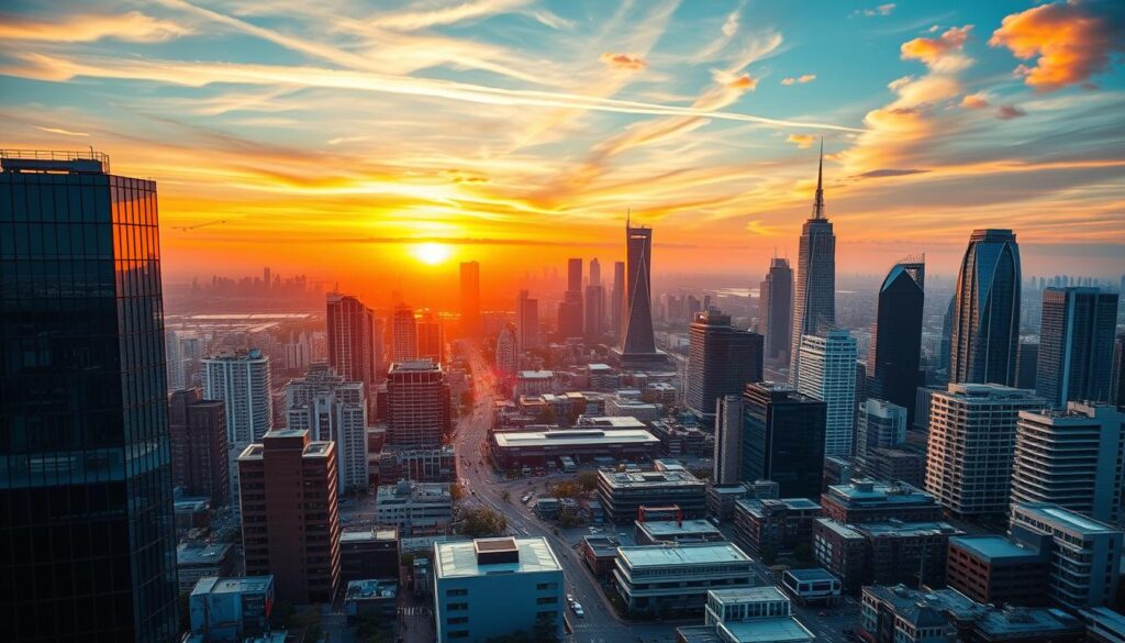 A bustling cityscape with a thriving geospatial information market, captured under a vibrant sunset sky. In the foreground, cutting-edge technology and data visualization tools are showcased, hinting at the industry's rapid advancements. The middle ground features a diverse array of professionals engaged in collaborative work, symbolizing the collaborative nature of the field. In the background, sprawling urban development and infrastructure projects unfold, suggesting the growing demand for geospatial solutions. The scene is illuminated by warm, golden lighting, conveying a sense of optimism and progress within the industry. The composition emphasizes the dynamic interplay between technology, people, and the built environment, encapsulating the growth and potential of the geospatial information market.