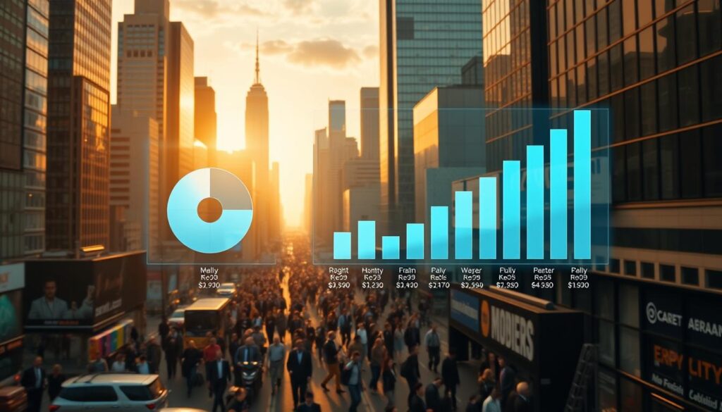 A bustling cityscape with towering skyscrapers and bustling streets, showcasing the regional income disparities among conceptual designers. In the foreground, a series of holographic pie charts and bar graphs float, displaying the varying salary ranges across different metropolitan areas, captured with a crisp, cinematic lens. The middle ground features a diverse array of professionals, each engaged in their creative tasks, while the background is bathed in a warm, golden glow, creating a sense of prosperity and opportunity. The overall composition conveys the complexities of the conceptual design industry, where location can significantly impact one's earning potential.