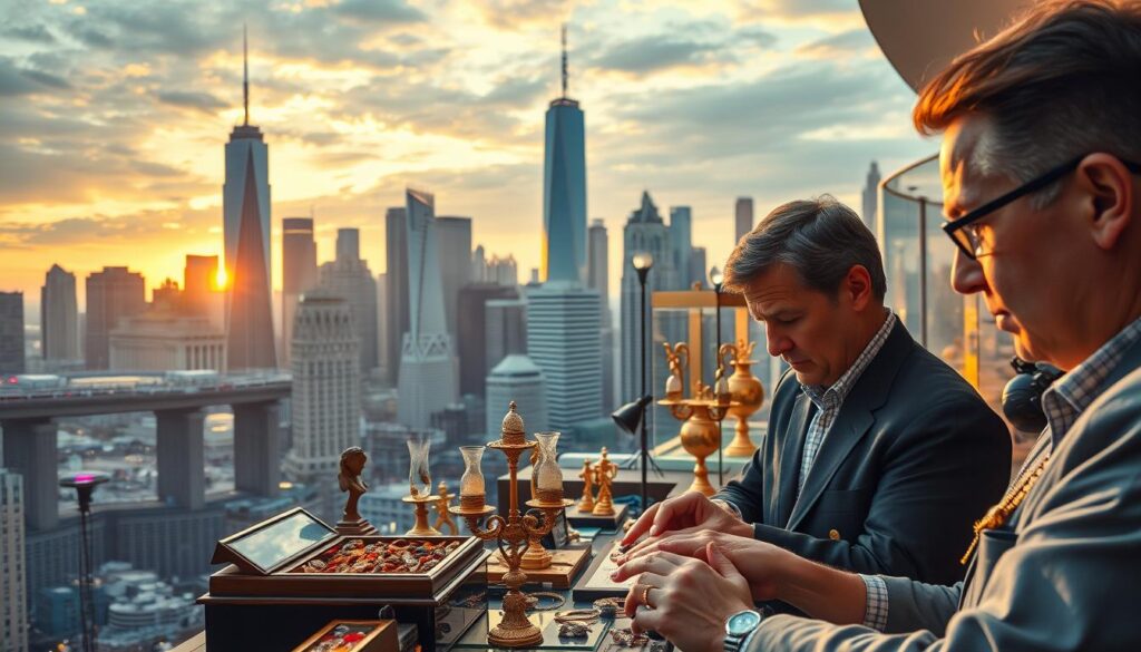 A bustling cityscape with towering skyscrapers and modern architectural marvels, illuminated by the warm glow of sunset. In the foreground, a group of professional appraisers examine antique artifacts, their faces filled with concentration and expertise. The middle ground showcases a diverse array of valuable items, from fine art and jewelry to rare collectibles, reflecting the breadth of the appraisal industry. In the background, a serene museum-like setting with carefully curated displays, hinting at the future growth and prominence of the appraisal profession. The scene conveys a sense of innovation, prestige, and the promising prospects for those aspiring to join this dynamic field.