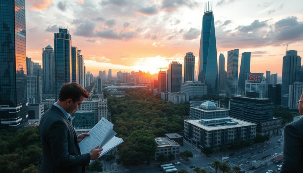 A bustling cityscape with towering skyscrapers, bustling streets, and an ever-increasing focus on sustainability and environmental protection. In the foreground, a team of environmental consultants in professional attire pore over reports and blueprints, discussing strategies to optimize energy efficiency and reduce the carbon footprint of the urban landscape. The middle ground features a mix of modern, eco-friendly buildings and lush, verdant parks, showcasing the growing demand for sustainable urban planning. In the background, a vibrant sunset casts a warm glow over the scene, highlighting the importance of environmental stewardship in shaping the future of our cities.