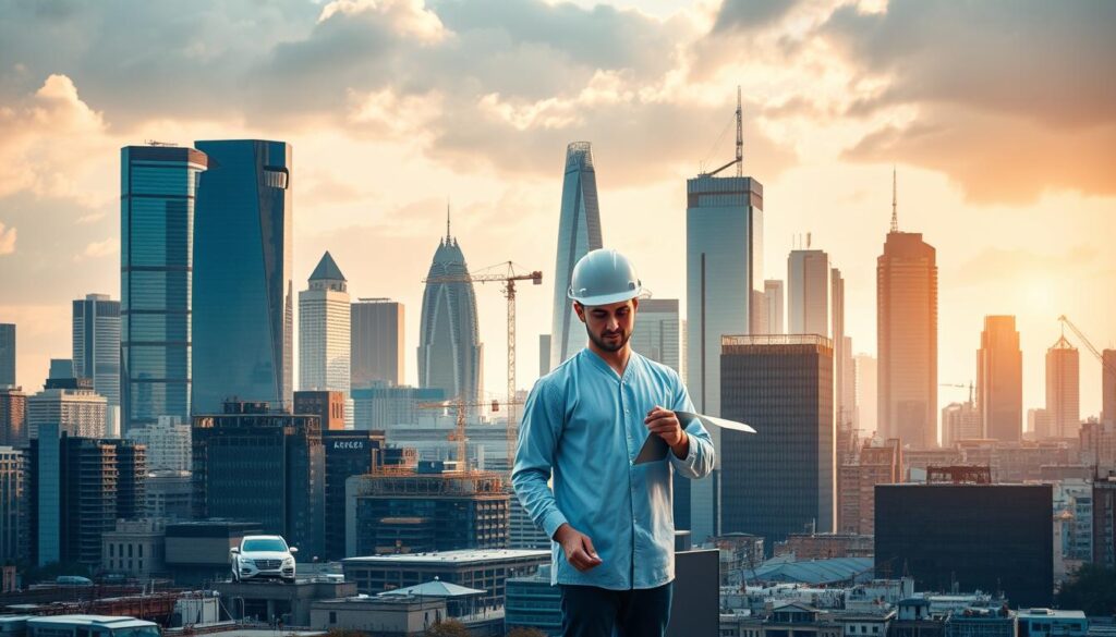 A bustling cityscape with towering skyscrapers, each representing a different industry. In the foreground, a diverse group of professionals - a software engineer typing furiously on a laptop, a surgeon in scrubs examining an x-ray, a construction worker in a hard hat overseeing a project, and a corporate executive in a tailored suit. The middle ground showcases various workspaces - a cozy coffee shop, a sleek modern office, a bustling factory floor, and a tranquil hospital ward. In the background, the skyline is dotted with a variety of architectural styles, each symbolizing the unique character and demands of their respective industries. Warm, diffused lighting casts a harmonious glow, highlighting the contrasts and interconnectedness of the different professions. The overall scene conveys the diversity of work environments and the distinct challenges faced by employees across various sectors.